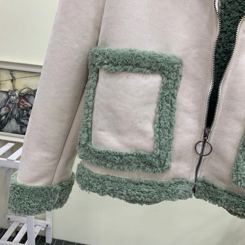 Зимняя новая модная замшевая стеганая куртка с мехом ягненка короткое теплое пальто с отворотами куртка на подкладке из хлопка уличная одежда для девочек и женщин, пальто с мехом из искусственного меха