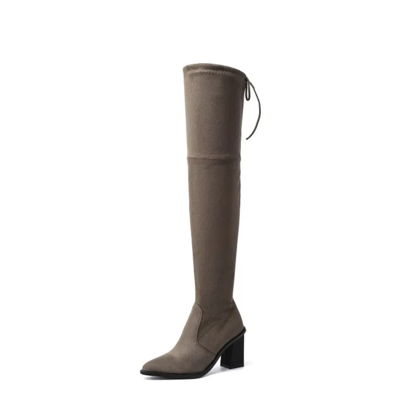 Khaki PXELENA/5 цветов; модные эластичные высокие сапоги до бедра; женские ботфорты из искусственной замши на квадратном каблуке; женская обувь; вечерние сапоги для свидания - Цвет: Khaki