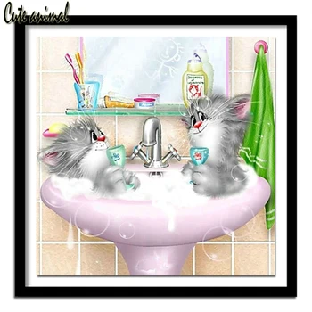 

2020 New gift diamond painting sale Cute cartoon cat bathing mosaic embroidery rhinestone diamond art full square round drill