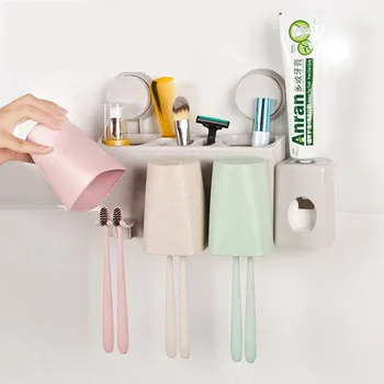 

Bathroom Toothbrush Holder with Toothpaste Dispenser Stand Toothbrush Wall Mount Rack Bathroom Storage Organizer Holder