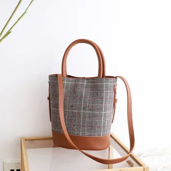 

2020 Women New Fashion Concise Retro Lattice Top Ring Handle Canvas Colorblock Bucket Bag Shoulder Bag Crossbody Office Daily