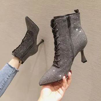 

Rhinestone Short Tube Boots High-heeled Stiletto Fashion Lace Martin Boots Bling Bling Thin High Heel Boot Sexy Night Club Style