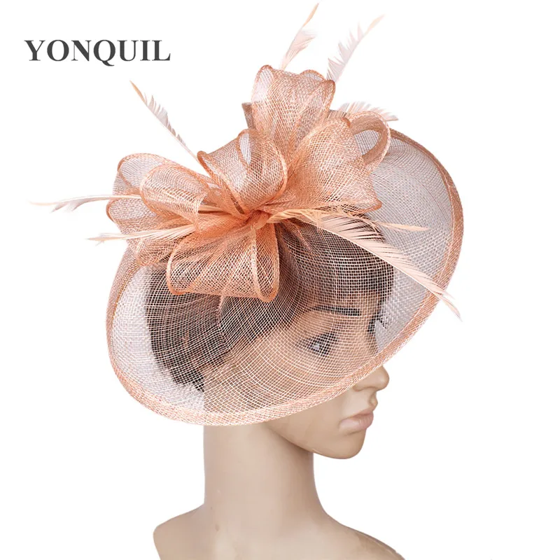champagne New Style Girls Headwear Female Big Flower Party Headpiece Feather Hoop Fascinators Hat Cap Wedding Headband Hair Clip Fedora - Цвет: champagne