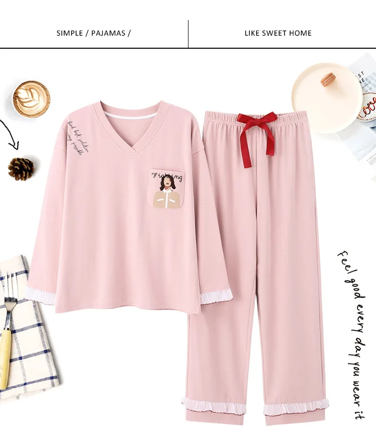 Autumn Women Comfortable Cotton Cute Pajama Set long Sleeve Sleepwear Suit Girl Print Pyjama Set Womens Nightshirt Sets