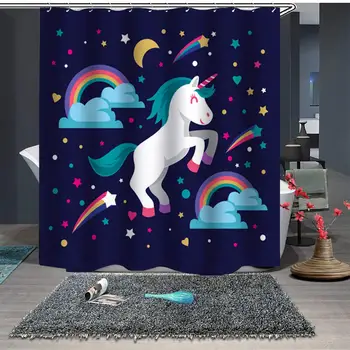 

Shower Curtain Set with Hooks Soap Resistant Waterproof Unicorn Colorful Rainbow Vibrant Pink Purple Bathroom Decor Machine