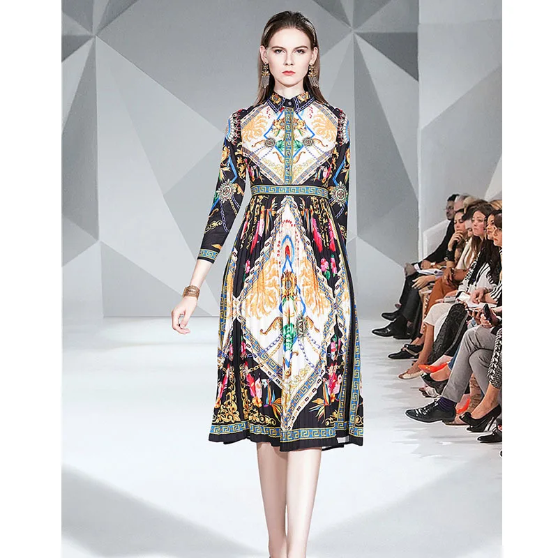 

2019 Autumn Europe And America a Warm Long Skirts WOMEN'S Dress Long Sleeve Printed Waist Hugging Slimming Pleated Fashion Dress