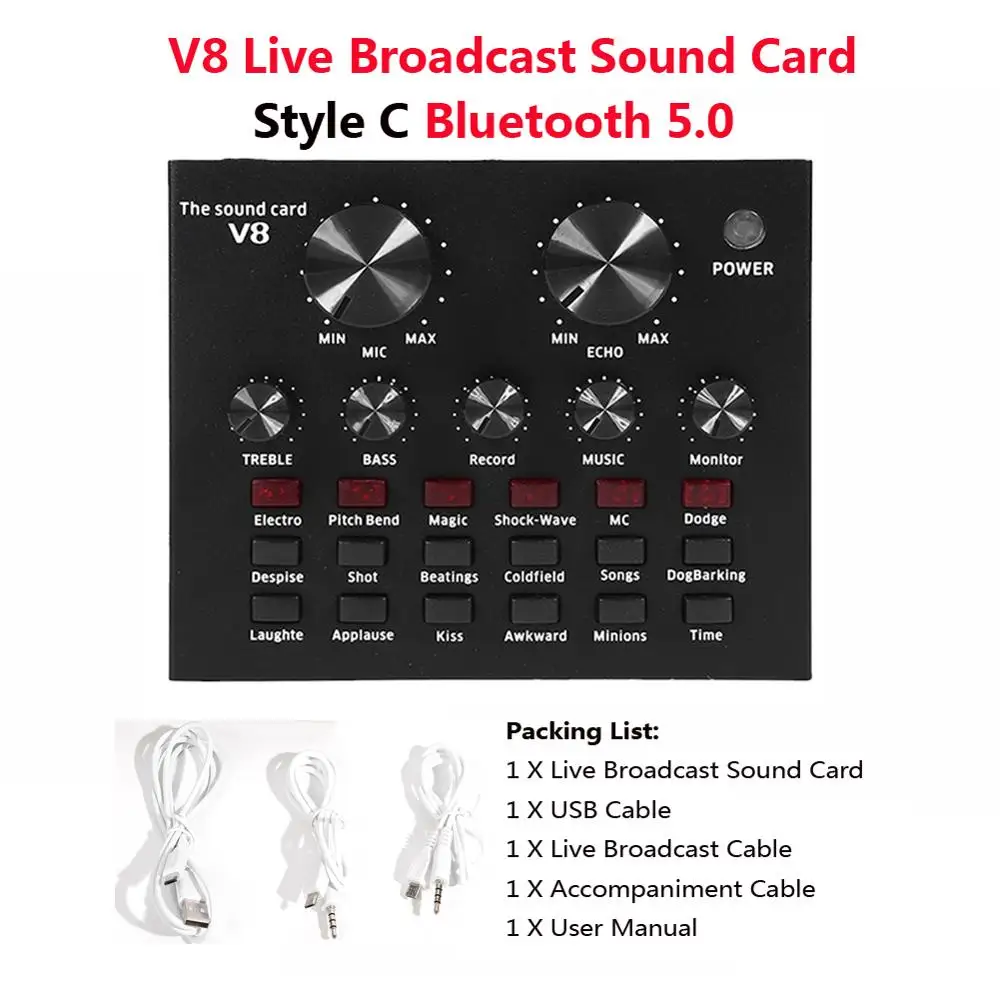 V8 Style C BT5.0 ALLOYSEED V8 аудио USB микрофон гарнитуры трансляция Live звуковая карта 112 виды Электрический звуковой трансляции для телефона компьютер PC аудиокарта звуковая карта внешняя звуковая карта - Цвет: V8 Style C BT5.0