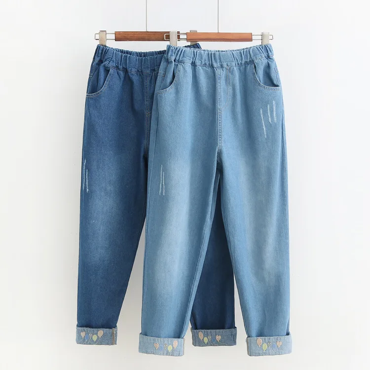 

S23839 Autumn Clothing Sweet Balloon Embroidered Revers Jeans Students GIRL'S Versatile Capri Pants Straight-Leg Pants