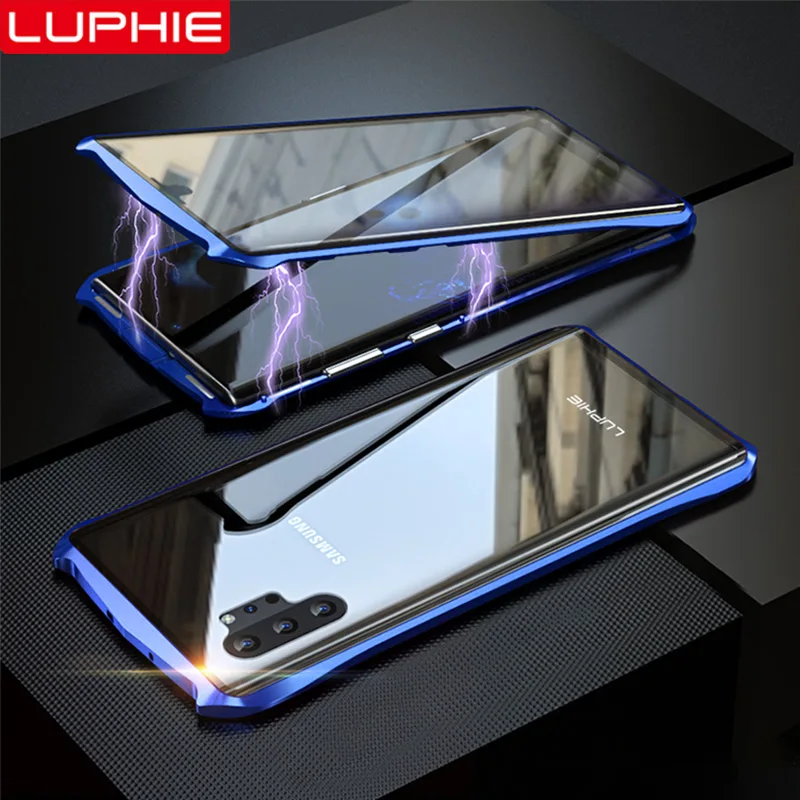 

LUPHIE Magnetic Adsorption Metal Bumper Cover For Samsung Galaxy Note 10 Plus Coque Tempered Glass Case For Samsung Note10 Funda