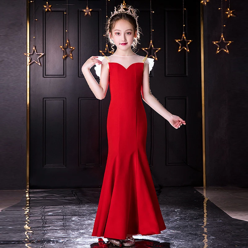 

Teens Girls Red Long Evening Dresses Luxury 2021 Formal Prom Party Gowns Children Christmas Banquet Clothing 3 6 8 10 12 14 Year