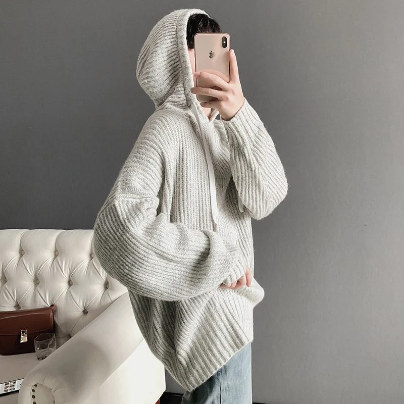 Winter Hooded Sweater Men's Warm Solid Color Casual Knit Pullover Man Sweter Clothes Loose Long-sleeved Sweaters Men S-XL