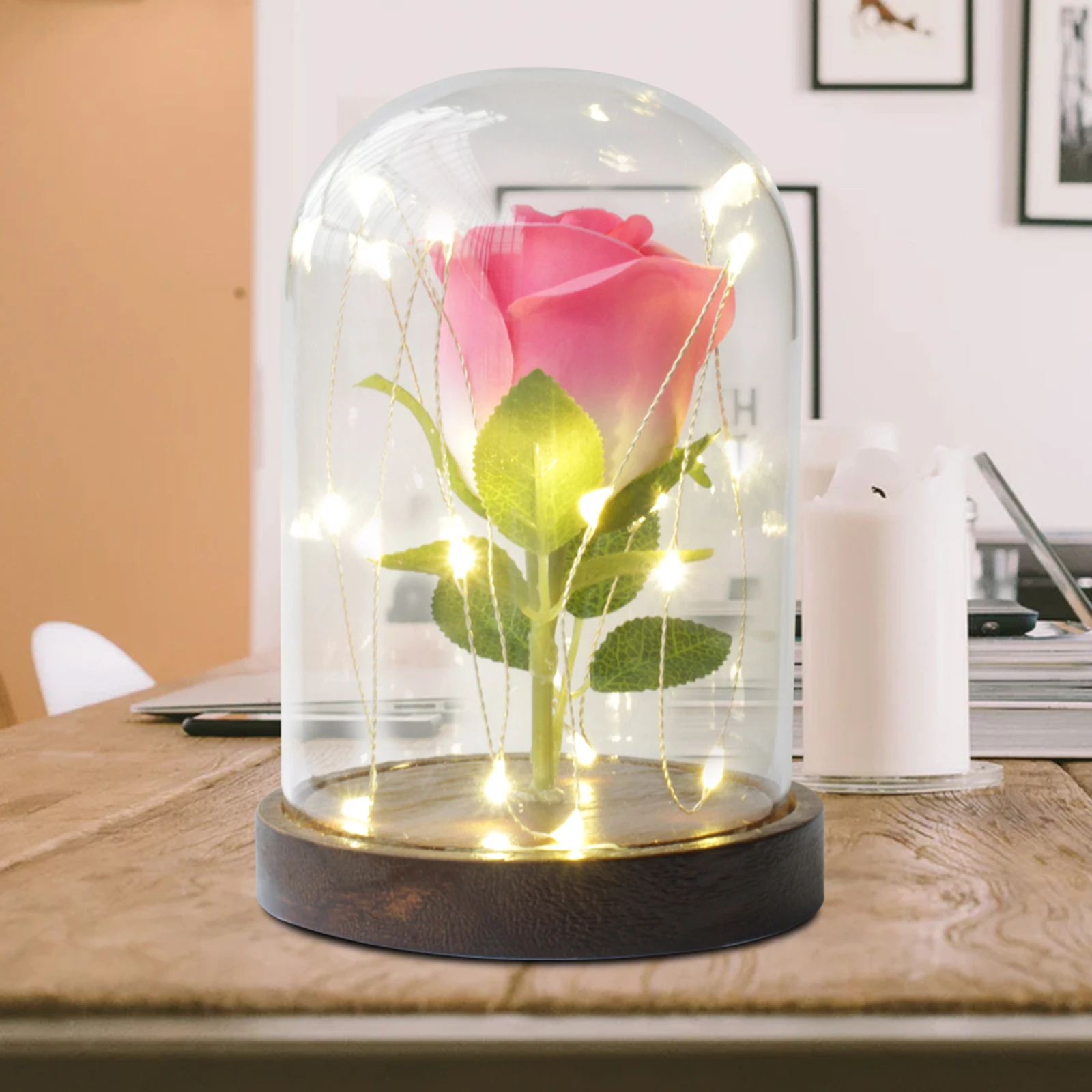 Eternal Rose Handmade Preserved Flower Red Rose with Glass Dome Led Lights