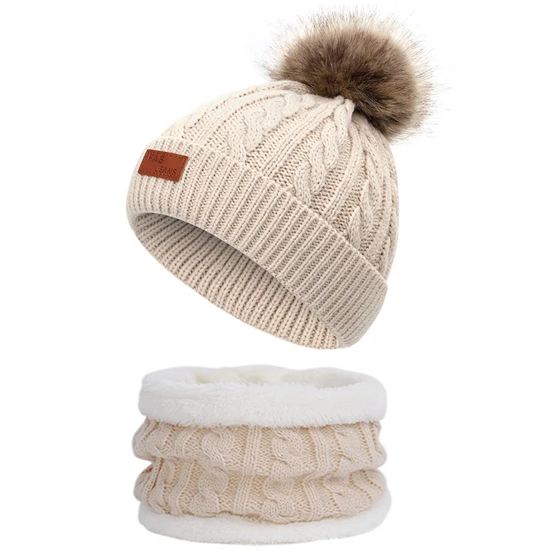 Новинка года, зимняя детская вязаная шапка с помпоном, кольцо для шляпы и шарфа, комплекты для детей, теплая детская шапка из плотного бархата, мягкая шапка с флисовой подкладкой для мальчиков и девочек