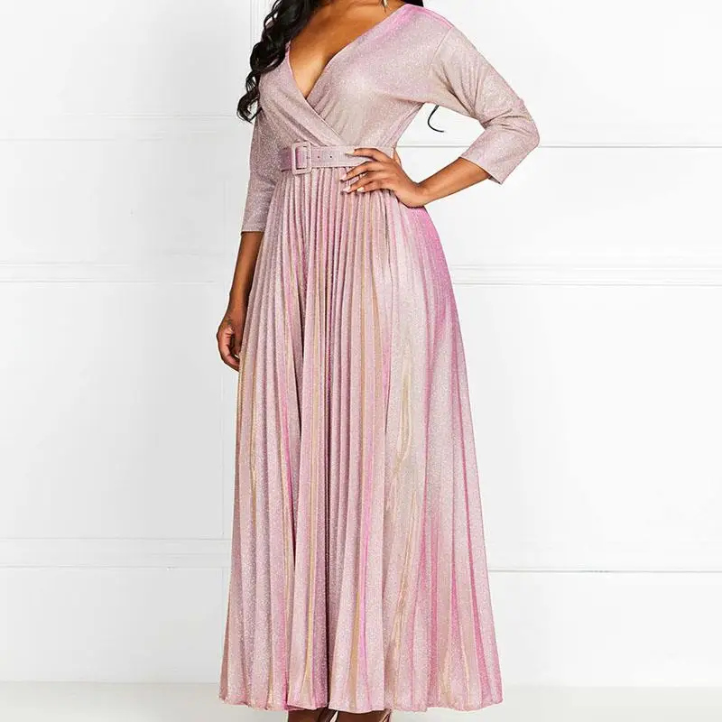 Reflective Women Long Dresses Colorful Bronzing Party Dinner Maxi Dresses Casual Robe Sexy V Neck Pleated Dress
