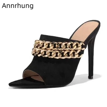 

Sexy Stiletto High Heel Shoes Woman Gold Metal Chain Sexy Pointed Toe Peep Toe Slides Slingback Stage Slippers Women