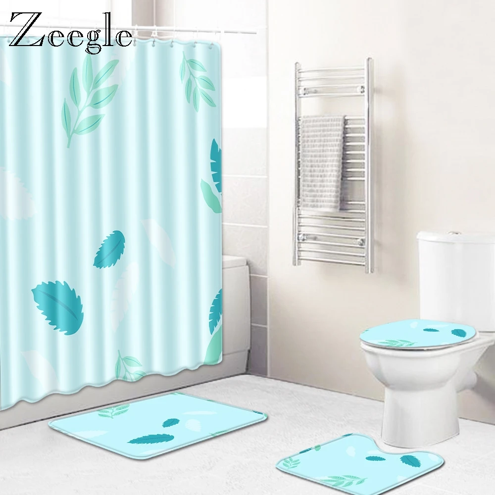 Zeegle 4Pcs Bath Mat Set Non Slip Toilet Cover Seat Mat Waterproof Shower Curtain Flannel Soft Toilet Pedestal Rug Foot Area Rug