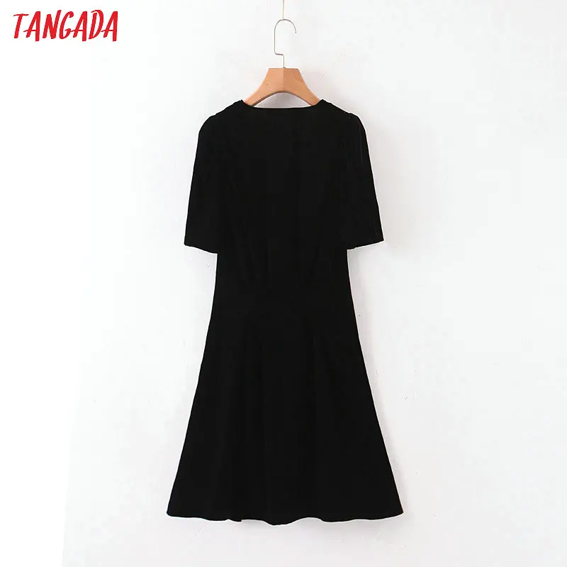 Tangada, женское черное бархатное платье, алмазные пуговицы, v-образный вырез, короткий рукав, винтажное женское мини-платье, vestidos QB111