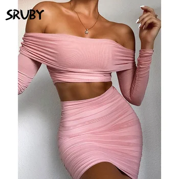 

Mesh Club Party Two Piece Set Sexy Summer Slash Neck Off Shoulder 2 Piece Set Women Bodycon Crop Top And Dress Set 2020