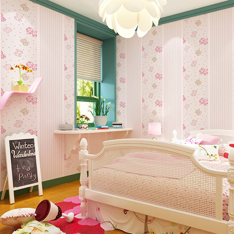 Зеленые нетканые обои розовая бабочка полосатая спальня полный детской комнаты принцесса комната мальчики и девочки обои