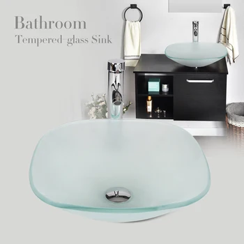 

Bathroom Sink Vessel Basin Bowl Square Frosted Tempered Glass Faucet Drain Combo