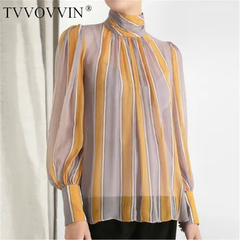 

TVVOVVIN Contrast Stripe Stand Collar Lantern Long Sleeve Chiffon Shirt Woman Casual Simple Fashion 2019 Autumn Blouse New X233