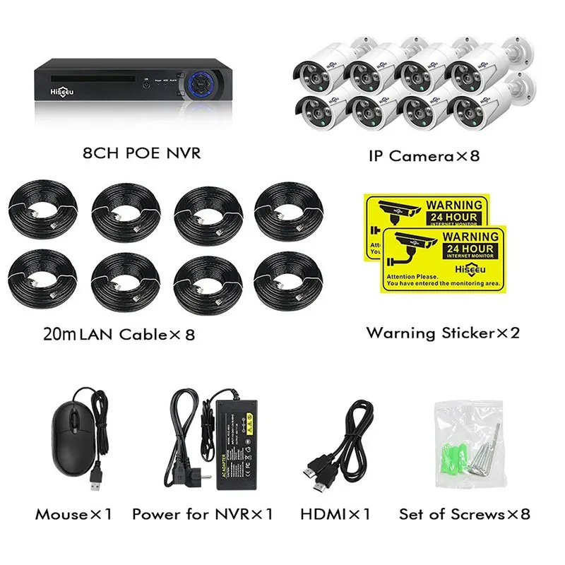 8pcs cameras Hiseeu H.265 8CH 4MP POE камера безопасности Система комплект аудио запись ip-камера ИК Открытый водонепроницаемый CCTV видеонаблюдение NVR комплект - Цвет: 8pcs cameras
