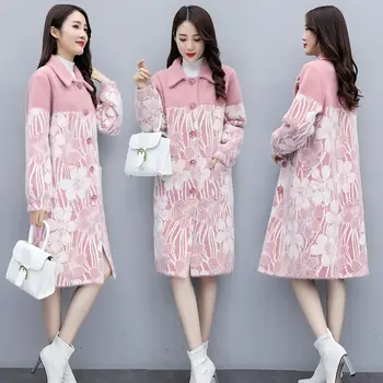 

2019 Autumn and Winter New Imitation Mink Knit Jacket Female Long Thick Korean Fashion Print Coat Sweater Cardigan Outwear f2235