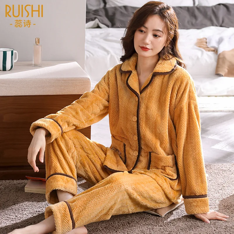 

Flannel Winter Fashion Nightwear Cardigan Warm Sleepwear Full Sleeve Pajamas Sets 2PCS Elastic Waist Pyjamas Suits Home Clothing