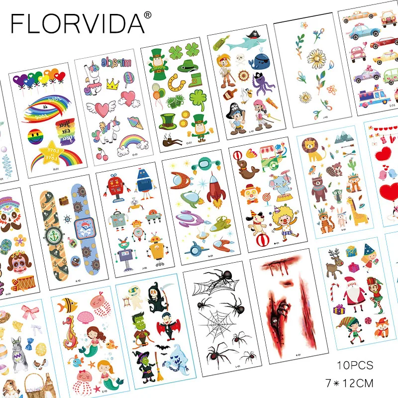 FlorVida 10pcs Kit 12*7cm Temporary Tattoo Stickers For Festival Kids Animal Ocean Space Flowers Spider Halloween Christmas Set | Красота и