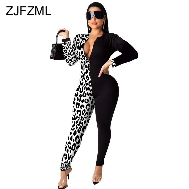 Leopard Print Sexy Romper Women Jumpsuit Deep V Neck Full Sleeve Skinny Bodysuit Vintage Color Block Front Zipper Party Overall