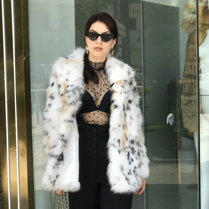 EIFURKOP Sexy Fashion Leopard Pattern Real Fox Fur Coat with big Collar Women Natural Fox Fur Jacket Long Sleeves WarmFur Coats