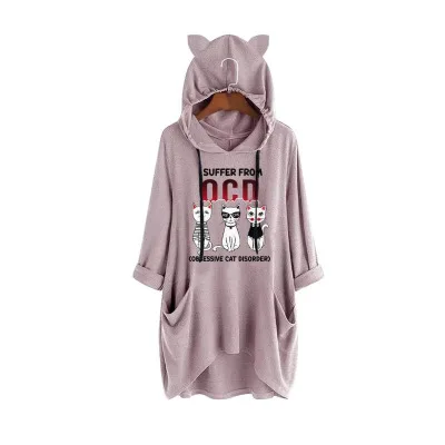 1002 Pink Женские повседневные толстовки принт с кроличьими ушками на капюшоне длинные с закатанными рукавами карман нерегулярные Блуза Топ Женская, большого размера кофты 5XL - Цвет: 1002 Pink