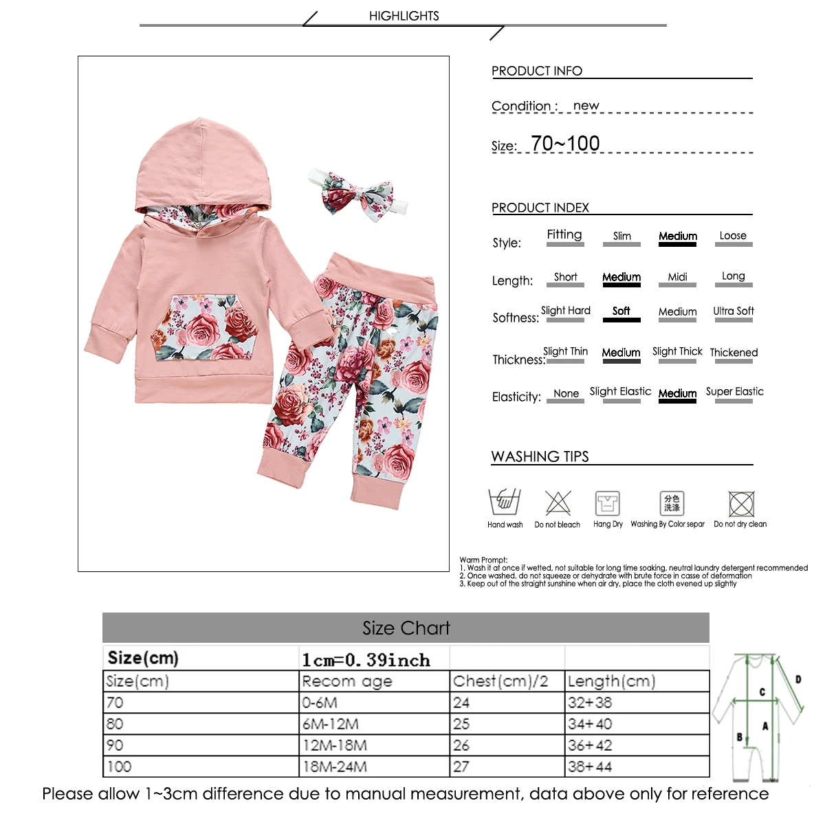 3 шт./лот, для детей 0-24 месяцев, толстовка с капюшоном и цветочным принтом для маленьких девочек+ штаны с цветочным принтом+ повязка на голову с цветочным принтом, Модный комплект одежды для малышей