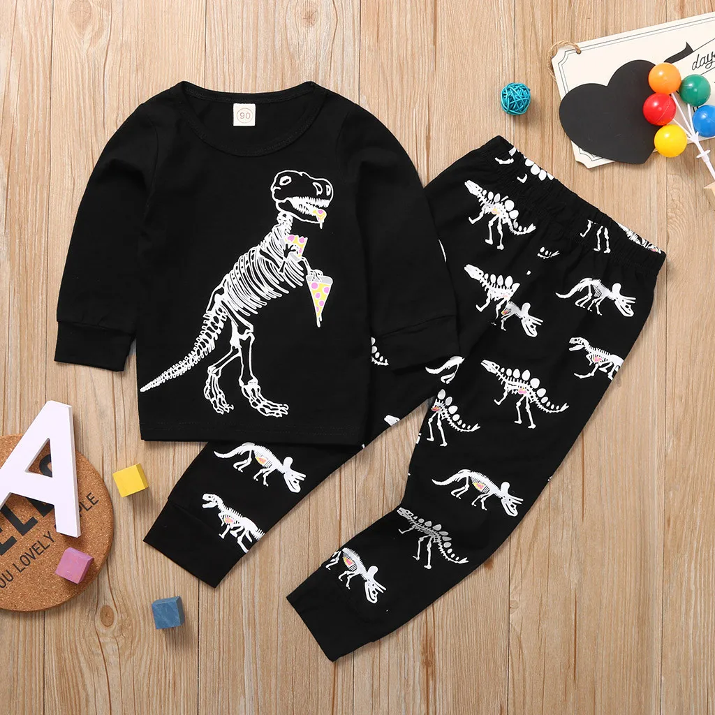 Одежда для мальчиков с изображением динозавра в виде скелета; зимняя хлопковая футболка с длинными рукавами и рисунком; комплект из топов и штанов; повседневная одежда для маленьких девочек; Новинка
