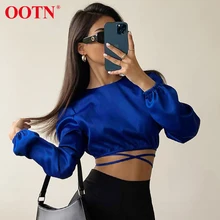 

OOTN O-Neck Blue Spring Summer Blouse Women Long Sleeve Sexy Backless Crop Top Lace Up Wrap Top Ladies Elegant Women Satin Shirt