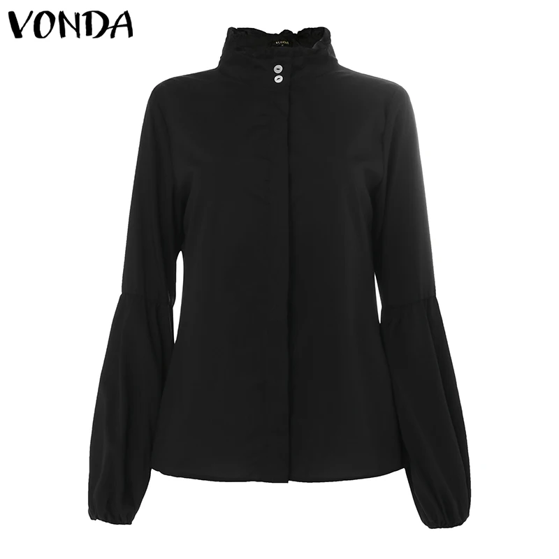 Black VONDA женская блузка, осенняя туника, Повседневная рубашка с длинным рукавом-фонариком, Офисная женская блуза на пуговицах, водолазка, топы размера плюс - Цвет: Black