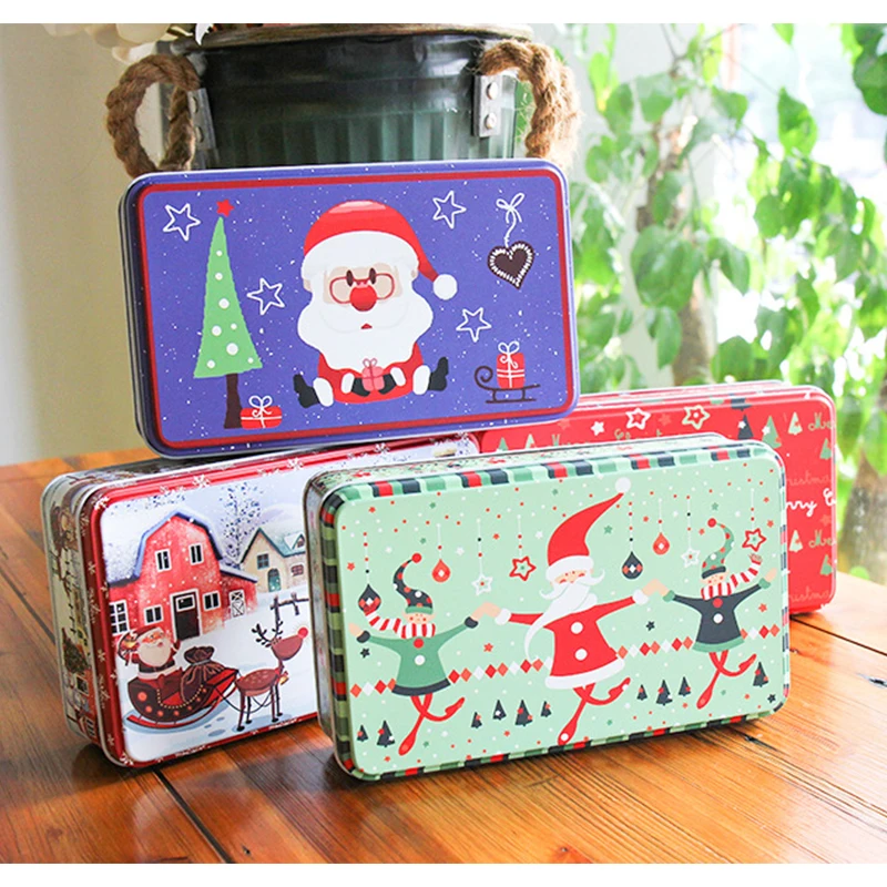 

Rectangular Christmas Candy Boxes Biscuit Gift Tin Storage Box Santa Snowman Elk Cookie Packaging Case Festival Decorations