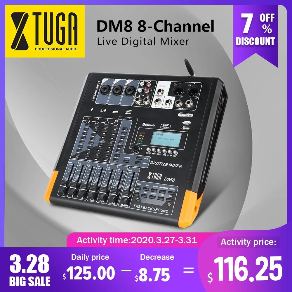 9221.61руб. 5% СКИДКА|XTUGA DM8 8 канальный цифровой Миксер с функцией Bluetooth USB Live Sound Card t для Live Show/DJ Stage/Band|Микрофоны| | - AliExpress