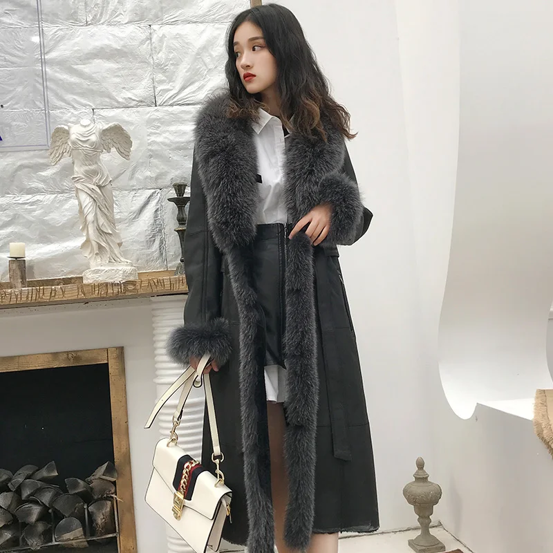 Пальто из натурального Лисьего меха, длинное стильное пальто из овечьей шерсти, очень теплое зимнее женское пальто из натуральной овечьей шерсти - Цвет: Серый