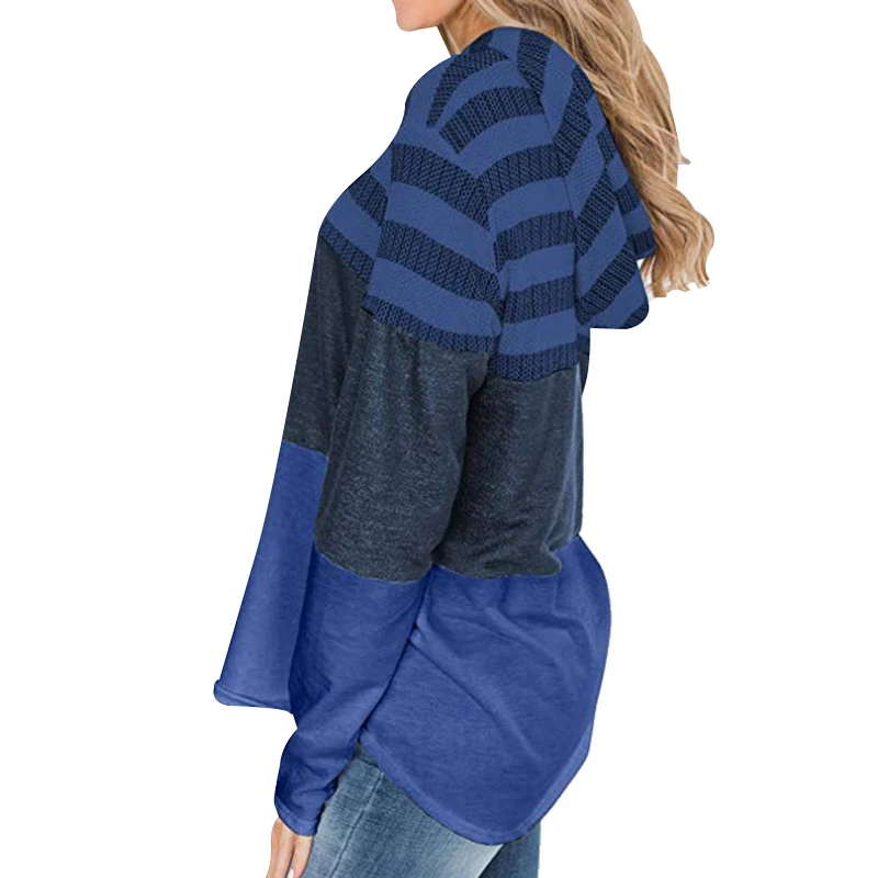 Women Hoodies Loose Pullover Long Sleeve Contrast Color Stripes Spring Autumn Sweatshirt Top BB55