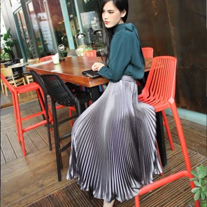 gray(long 80cm) Летняя модная винтажная Серебристая золотая металлическая однотонная Расклешенная юбка макси с высокой талией, пляжные длинные плиссированные юбки для женщин - Цвет: gray(long 80cm)