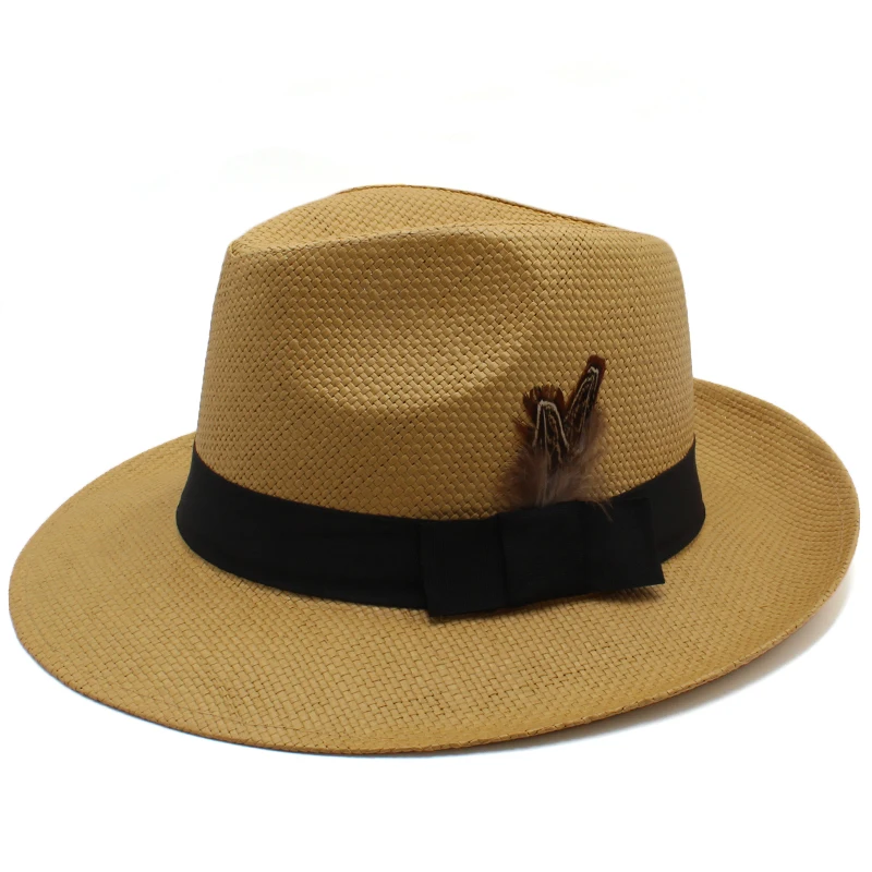 Men Women Straw Panama Hats Summer Wide Brim Sombrero Fedora Sunhats Feather Band Trilby Caps Outdoor Travel Size US 7 1/4 UK L stetson trilby