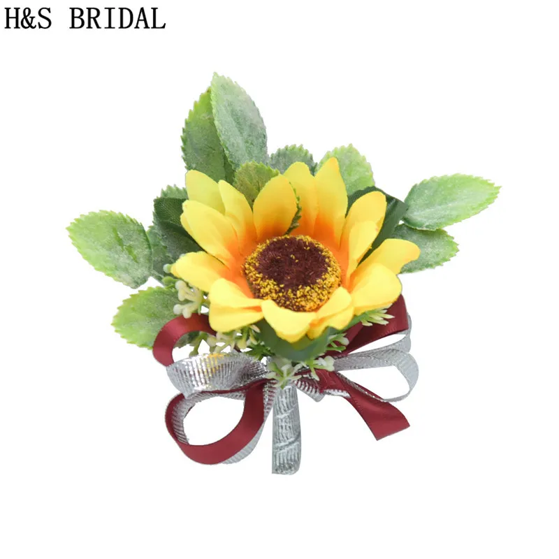 Wedding Party Quinceanera Boutonniere Corsage Sunflower Ribbon Decoration 