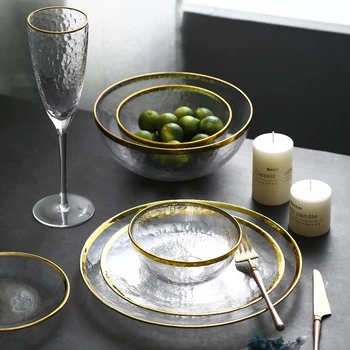 

Glass Tableware Set With Golden Inlay Steak Plate Salad Soup Bowl Dishes Party Event Decoration Wholesale