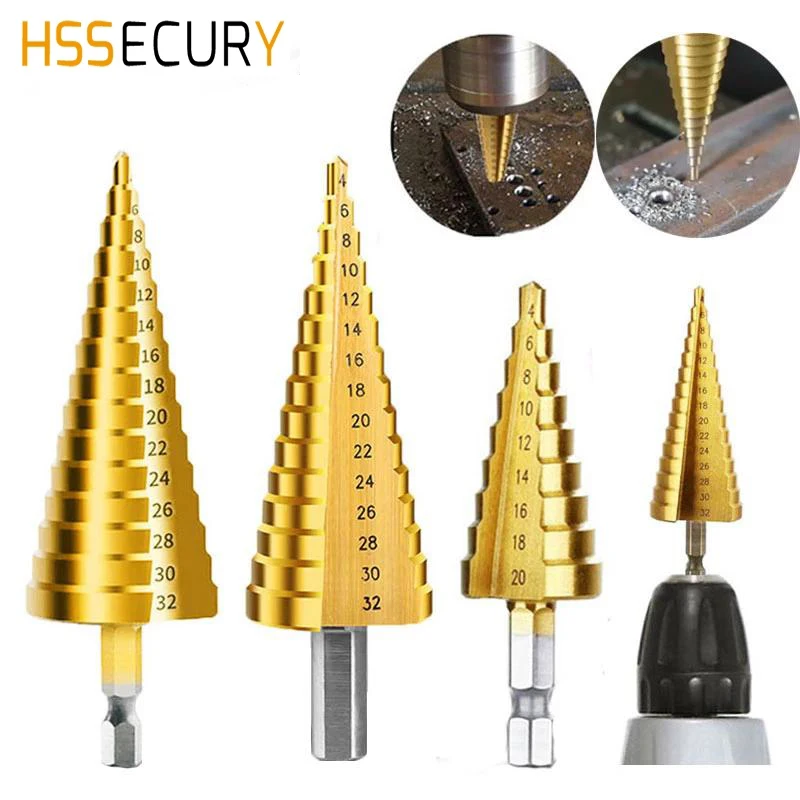 Broca escalonada recubierta de Titanio HSS, conjunto de herramientas eléctricas para Metal, acero de alta velocidad, cortador de agujeros, cono escalonado, Centro de taladros