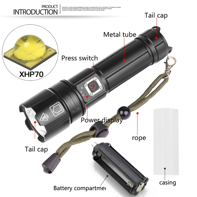 80000LM мощный светодиодный фонарик XHP70 фонарик USB зарядка светодиодный фонарь с зумом lanter 1*26650 батарея для кемпинга Велоспорт лампа