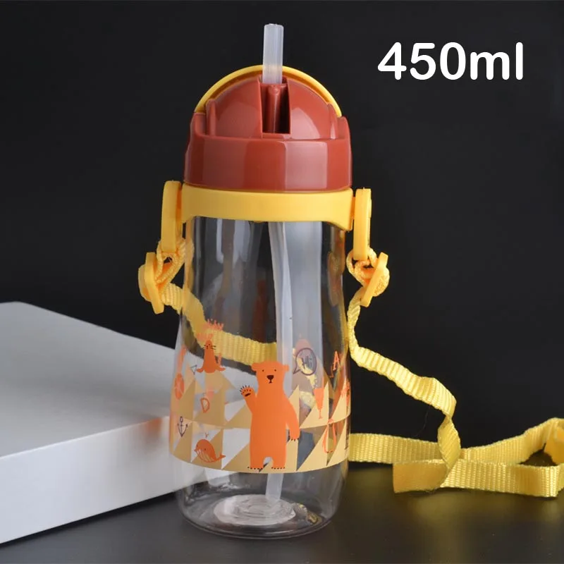 Дети мультфильм Животные школы питьевой воды соломы бутылки соломы Сиппи ребенка чашки с плечевым ремнем 230/450 мл - Цвет: 450ml Yellow 450ml
