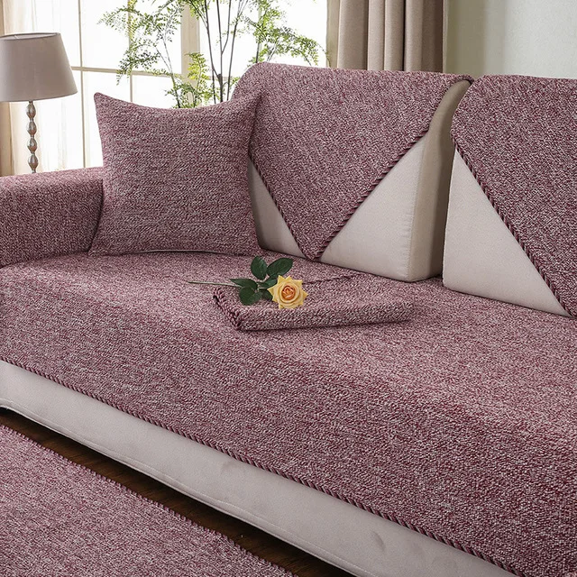Хлопковый чехол для дивана, нескользящий, четыре сезона, льняная тканая подушка для дивана, дивана, полотенца, чистый цвет, подлокотники для дивана, чехлы для гостиной - Цвет: Wine red
