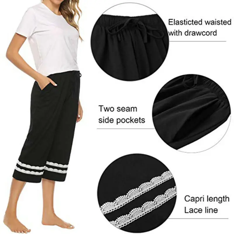 Women's Sleepwear Pajama Cotton Pants Sleep Cropped Lounge Bottoms Adjustable Women Sleep Bottoms 3FS
