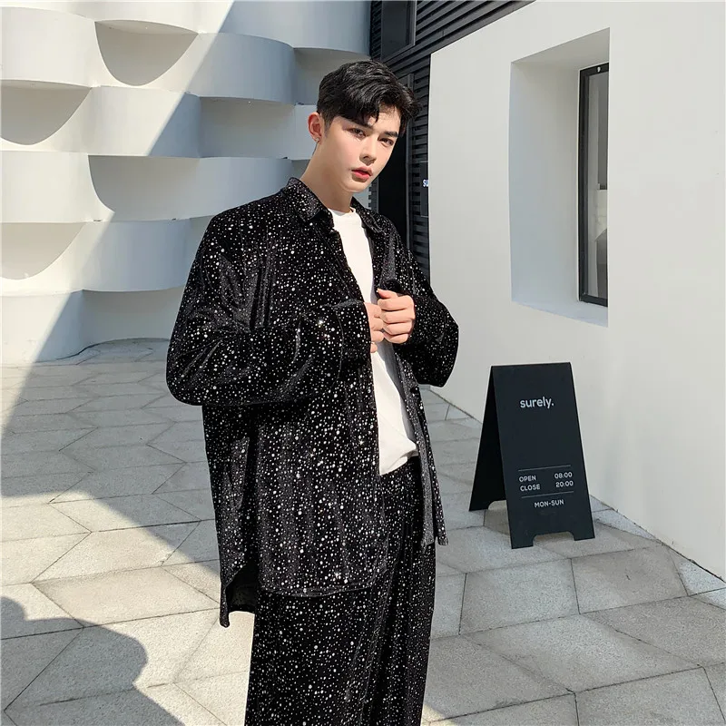 

Men 2 Piece Sets (shirt+pant) Male Long Sleeve Shining Casual Vintage Fashion Cardigan Streetwear Hip Hop Shirt Coat Outerwear